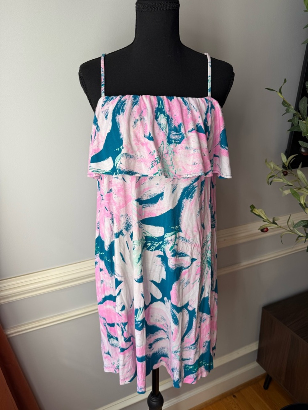 Lilly Pulitzer Floral Sundress Pink Blue Ruffle Strap Dress S
